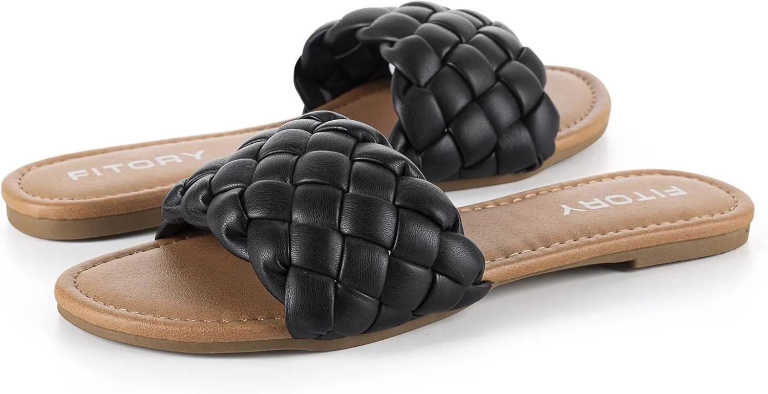 FITORY Womens Flat Sandals Fashion Round Open Toe Slip On Slides with Braided Strap Slippers for Summer Size 6-11