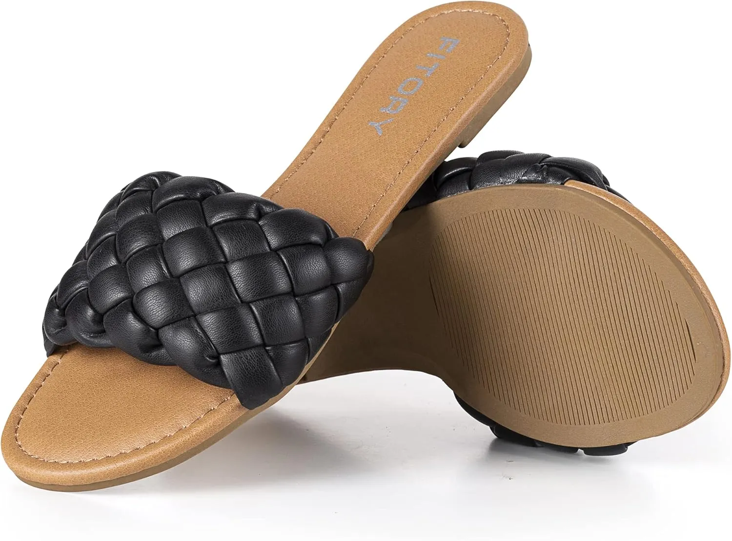 FITORY Womens Flat Sandals Fashion Round Open Toe Slip On Slides with Braided Strap Slippers for Summer Size 6-11
