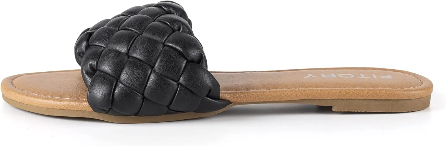 FITORY Womens Flat Sandals Fashion Round Open Toe Slip On Slides with Braided Strap Slippers for Summer Size 6-11