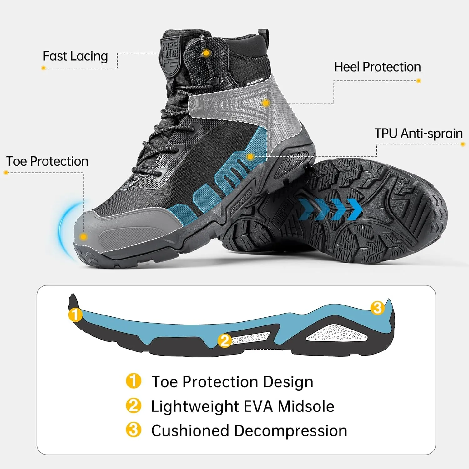 FREE SOLDIER Men's Waterproof Hiking Boots Mens Lightweight Outdoor Mid Trekking Climbing Boots for Men