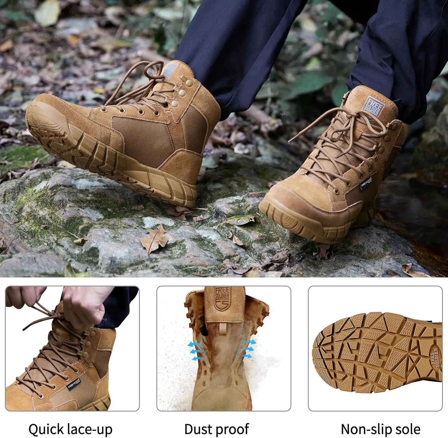 FREE SOLDIER Waterproof Hiking Boots Men's Tactical Work Boots Breathable Desert Boots 6 Inches Lightweight Military Boots