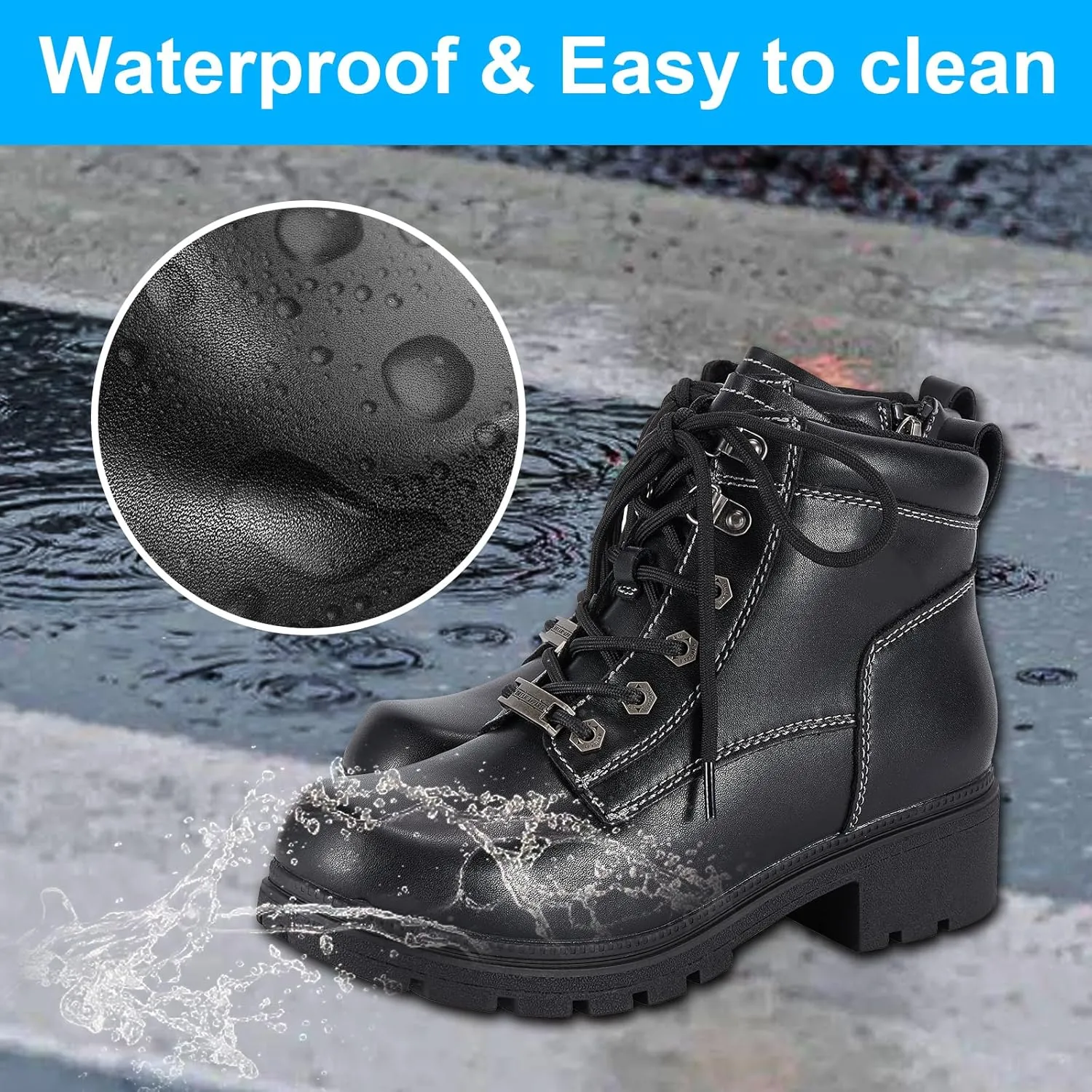 GARGOYLE BELLS Women's Motorcycle Ankle Boots with Zipper, Black Lace-up Biker Boots with Low Heel for Ladies