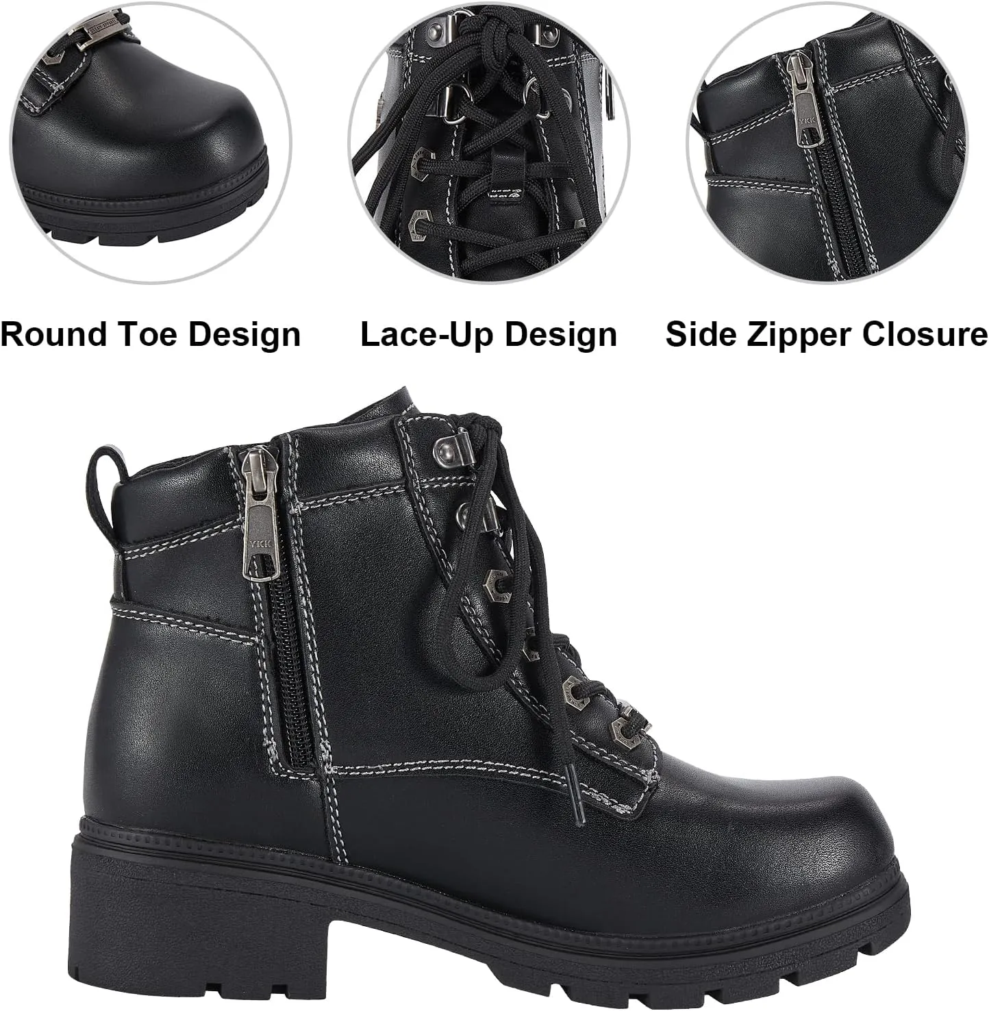 GARGOYLE BELLS Women's Motorcycle Ankle Boots with Zipper, Black Lace-up Biker Boots with Low Heel for Ladies