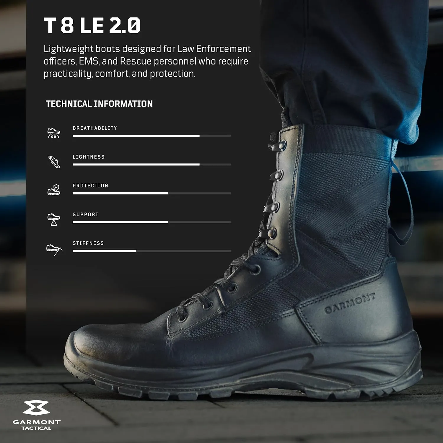 GARMONT TACTICAL T8 LE 2.0 Law Enforcement EMS Boots for Men and Women, Polishable Full Grain Leather, Lightweight and Breathable, Side Zipper, Uniform Compliant, 8" High, Black
