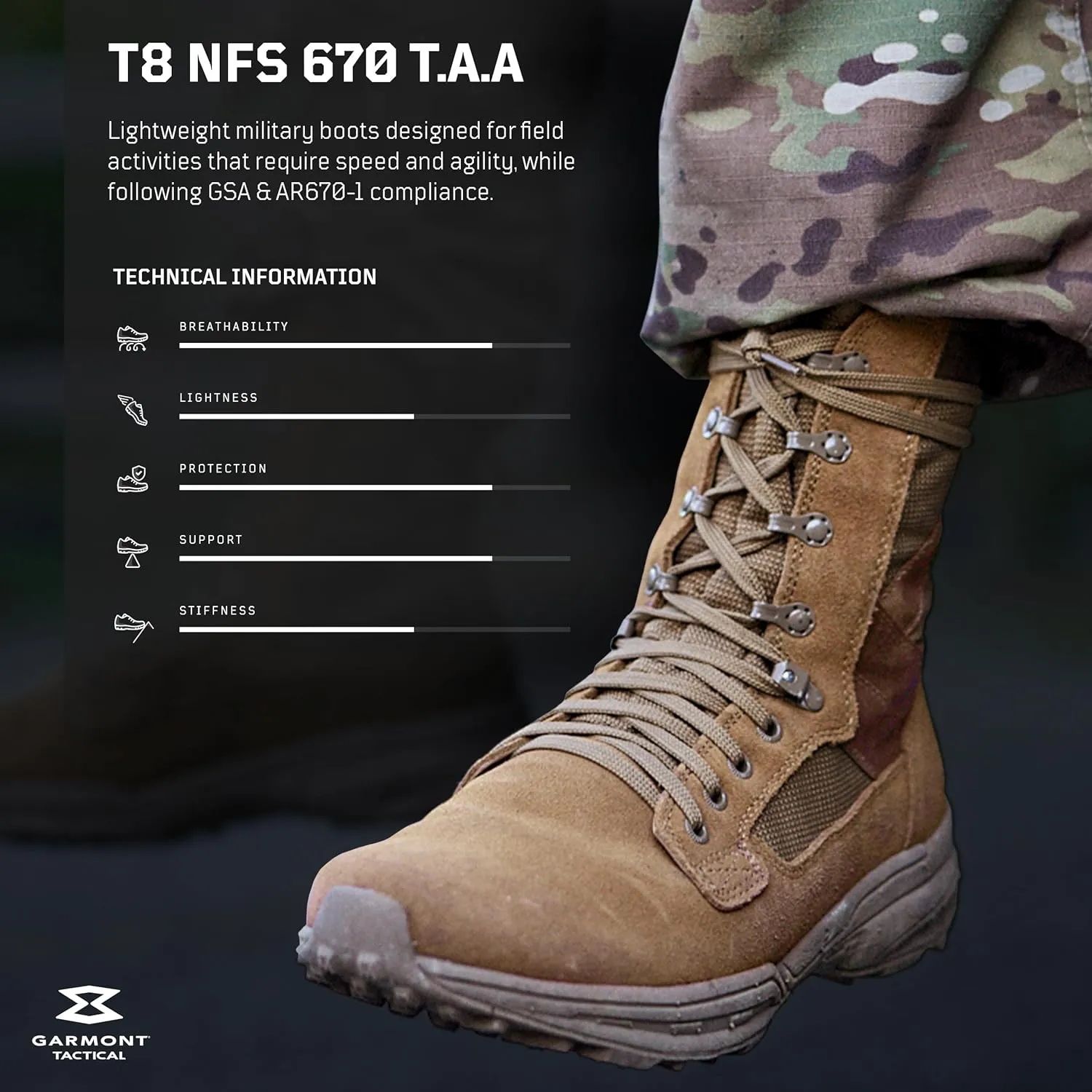 GARMONT TACTICAL T8 NFS 670 T.A.A. Military Combat Boots for Men and Women, Army, Air Force, T.A.A., AR670-1 and GSA Compliant Footwear, Lightweight, Suede Leather