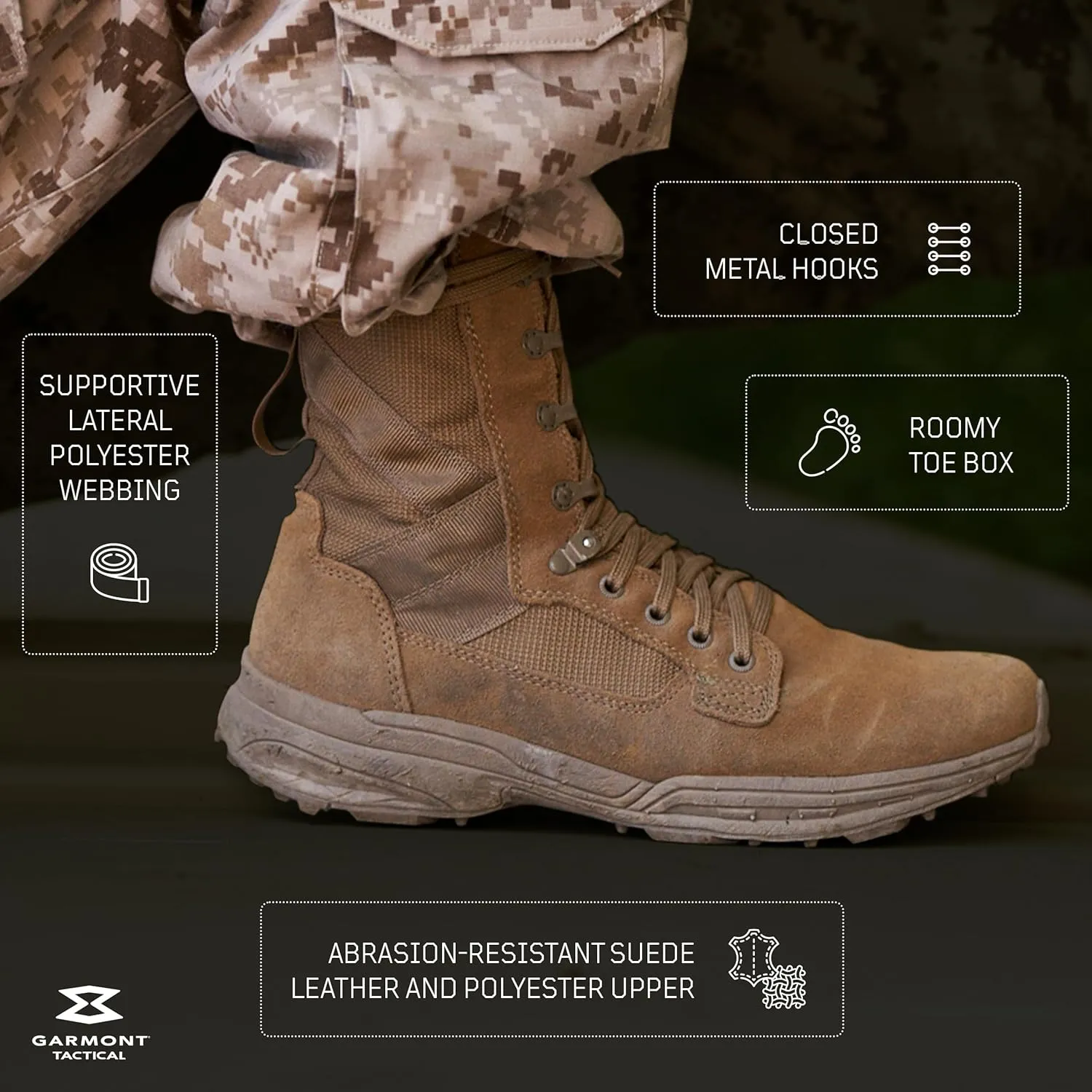 GARMONT TACTICAL T8 NFS 670 T.A.A. Military Combat Boots for Men and Women, Army, Air Force, T.A.A., AR670-1 and GSA Compliant Footwear, Lightweight, Suede Leather
