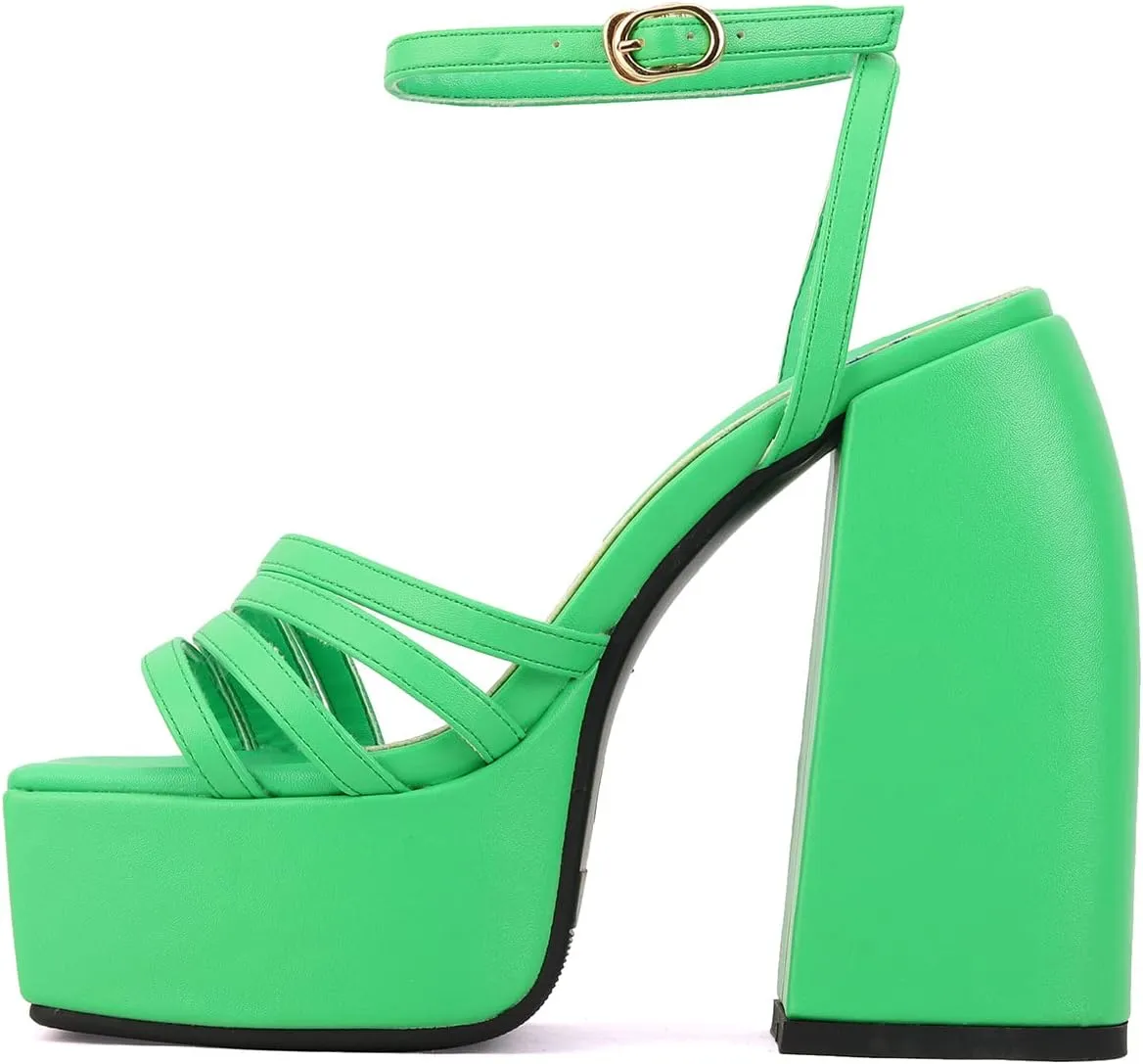 Goolita Summer Open Square Toe Chunky Platform Heels For Women Buckle Ankle Strap Heeled Sandals Slingback Dress Party Shoes