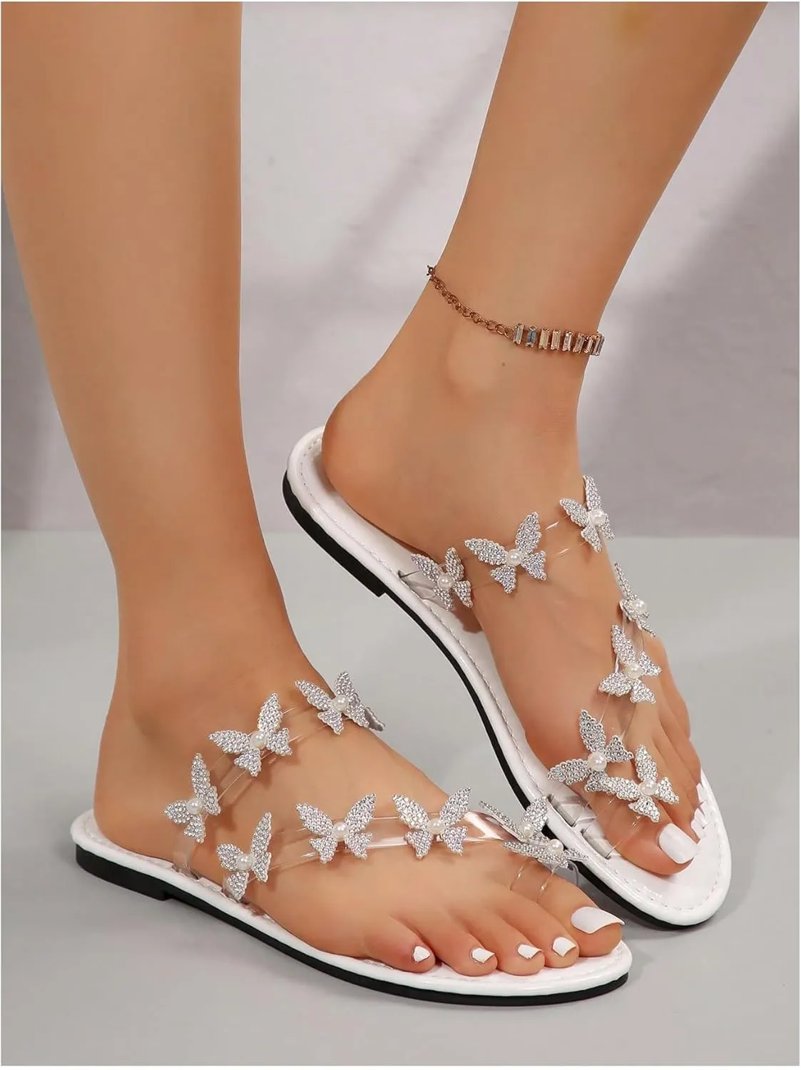 GORGLITTER Women's Clear Butterfly Ankle Strap Sandals Dressy Cute Strappy Wedding Vacation Bridal Flats Sandal 2025