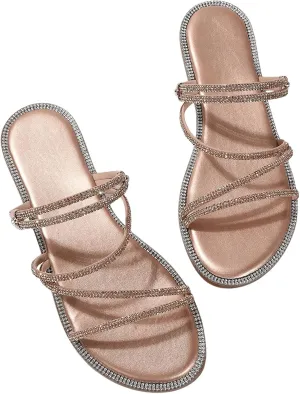 GORGLITTER Women's Rhinestone Sparkly Metallic Strappy Flat Sandals Cute Toe Slip on Slide Sandals