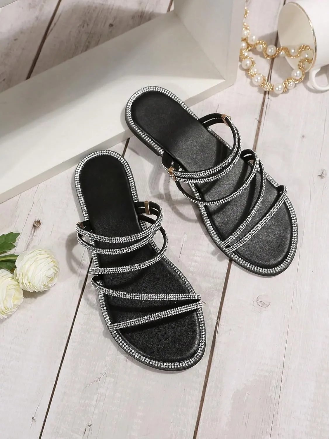 GORGLITTER Women's Rhinestone Sparkly Metallic Strappy Flat Sandals Cute Toe Slip on Slide Sandals