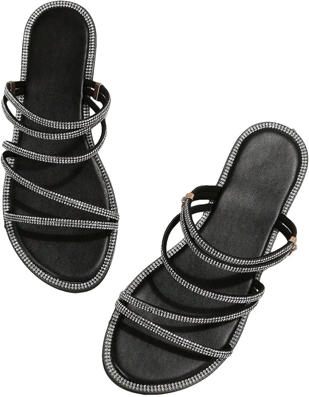 GORGLITTER Women's Rhinestone Sparkly Metallic Strappy Flat Sandals Cute Toe Slip on Slide Sandals