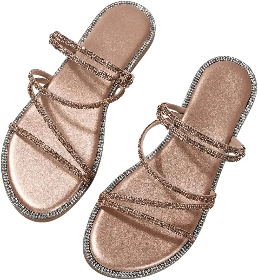 GORGLITTER Women's Rhinestone Sparkly Metallic Strappy Flat Sandals Cute Toe Slip on Slide Sandals