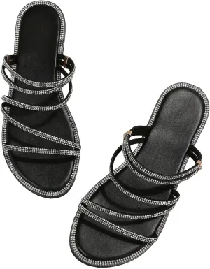 GORGLITTER Women's Rhinestone Sparkly Metallic Strappy Flat Sandals Cute Toe Slip on Slide Sandals