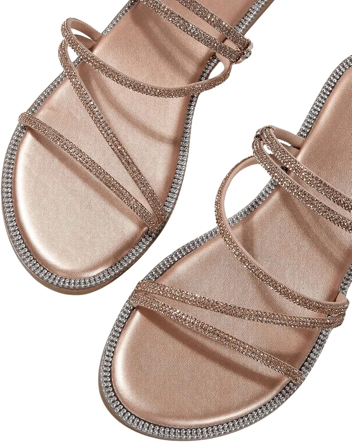 GORGLITTER Women's Rhinestone Sparkly Metallic Strappy Flat Sandals Cute Toe Slip on Slide Sandals