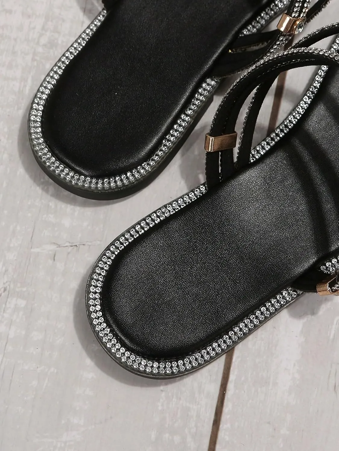 GORGLITTER Women's Rhinestone Sparkly Metallic Strappy Flat Sandals Cute Toe Slip on Slide Sandals