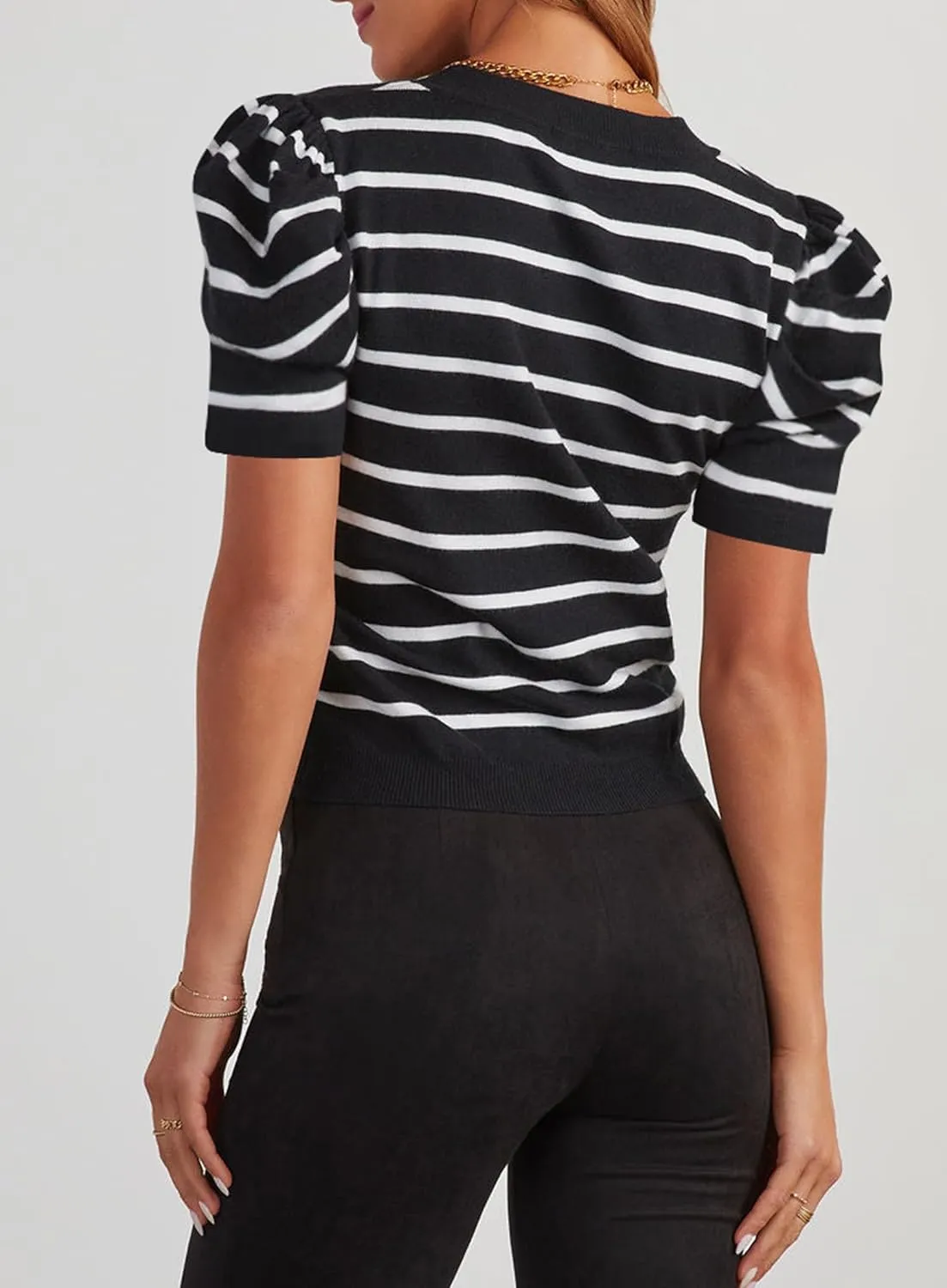 HAEOF Women's 2025 Summer Short Puff Sleeve Knit Tops Trendy Crewneck Striped Shirts Dressy Casual Blouses