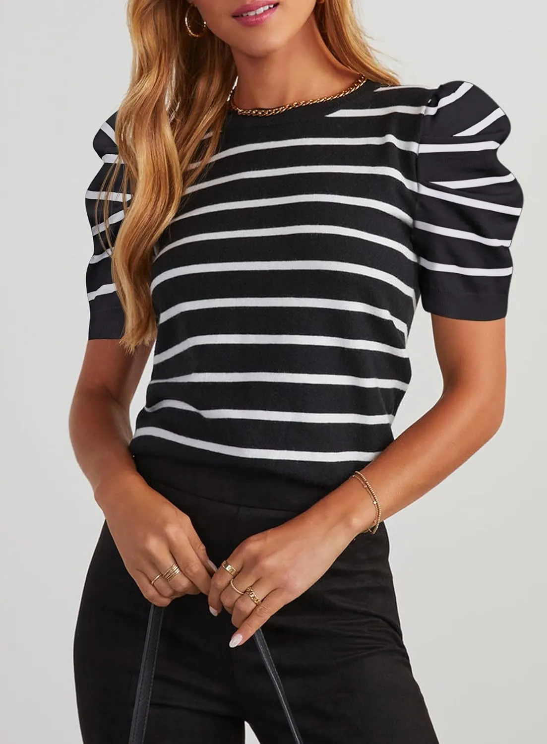 HAEOF Women's 2025 Summer Short Puff Sleeve Knit Tops Trendy Crewneck Striped Shirts Dressy Casual Blouses