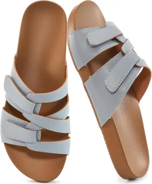HARENCE Slides for Women Flat Sandals: Comfortable Flats with Adjustable Double Straps Womens Slip on Shoes for Summer Beach Walking