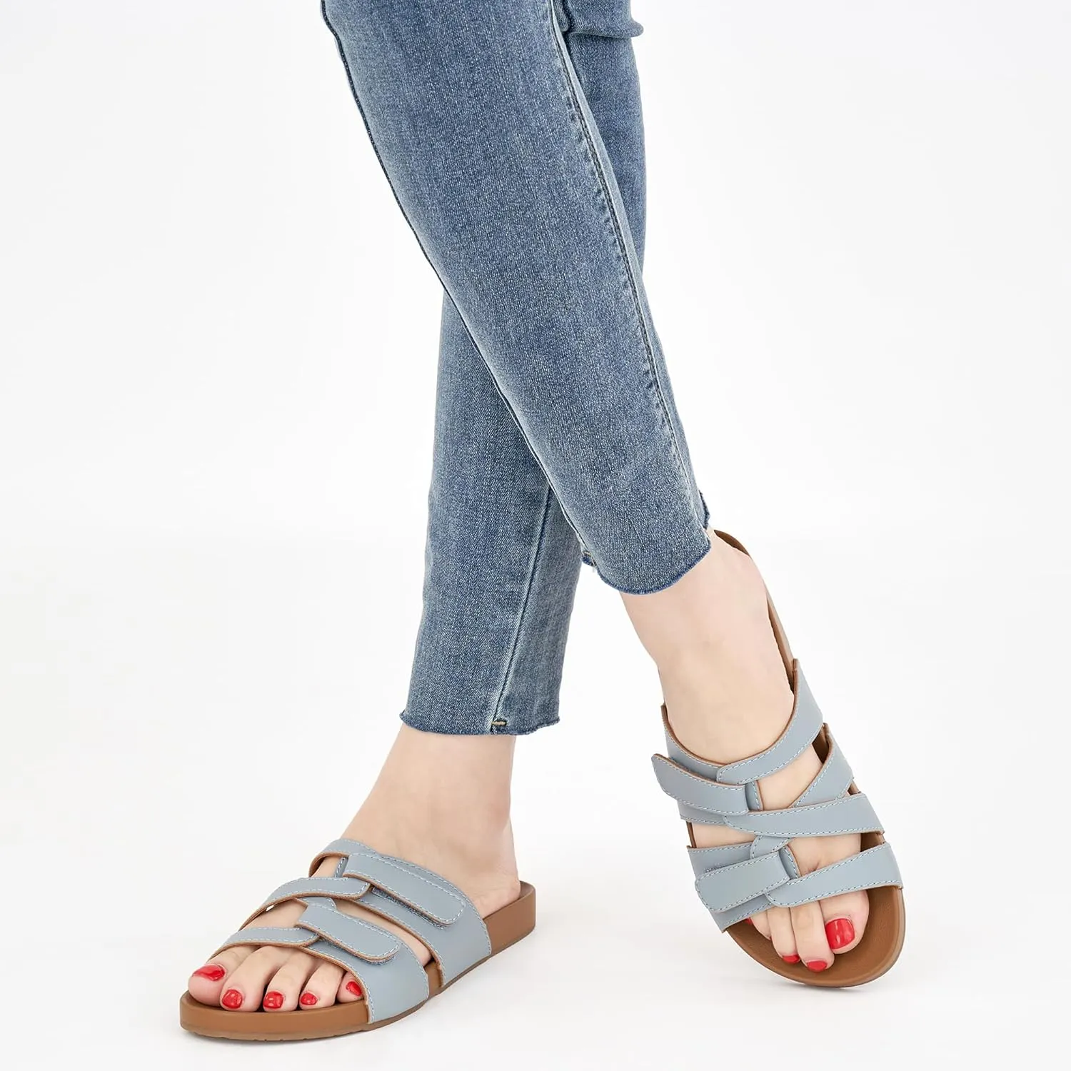 HARENCE Slides for Women Flat Sandals: Comfortable Flats with Adjustable Double Straps Womens Slip on Shoes for Summer Beach Walking