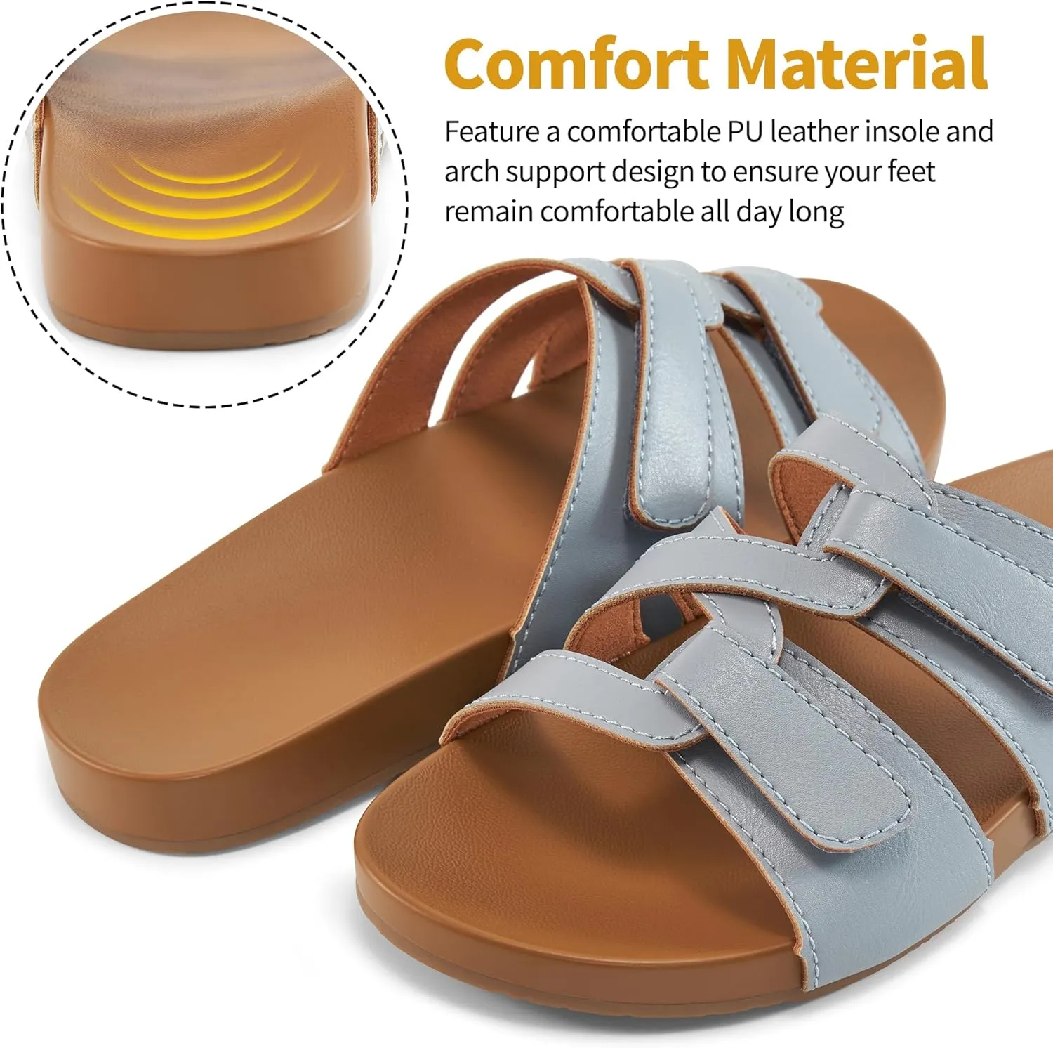 HARENCE Slides for Women Flat Sandals: Comfortable Flats with Adjustable Double Straps Womens Slip on Shoes for Summer Beach Walking