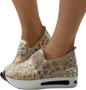 Hbeylia Platform Wedge Sneakers for Women Fashion Embroidery Floral Mesh Air Comfort Chunky Sole Hidden High Heels Slip On Loafers Breathable Walking Work Shoes with Arch Support