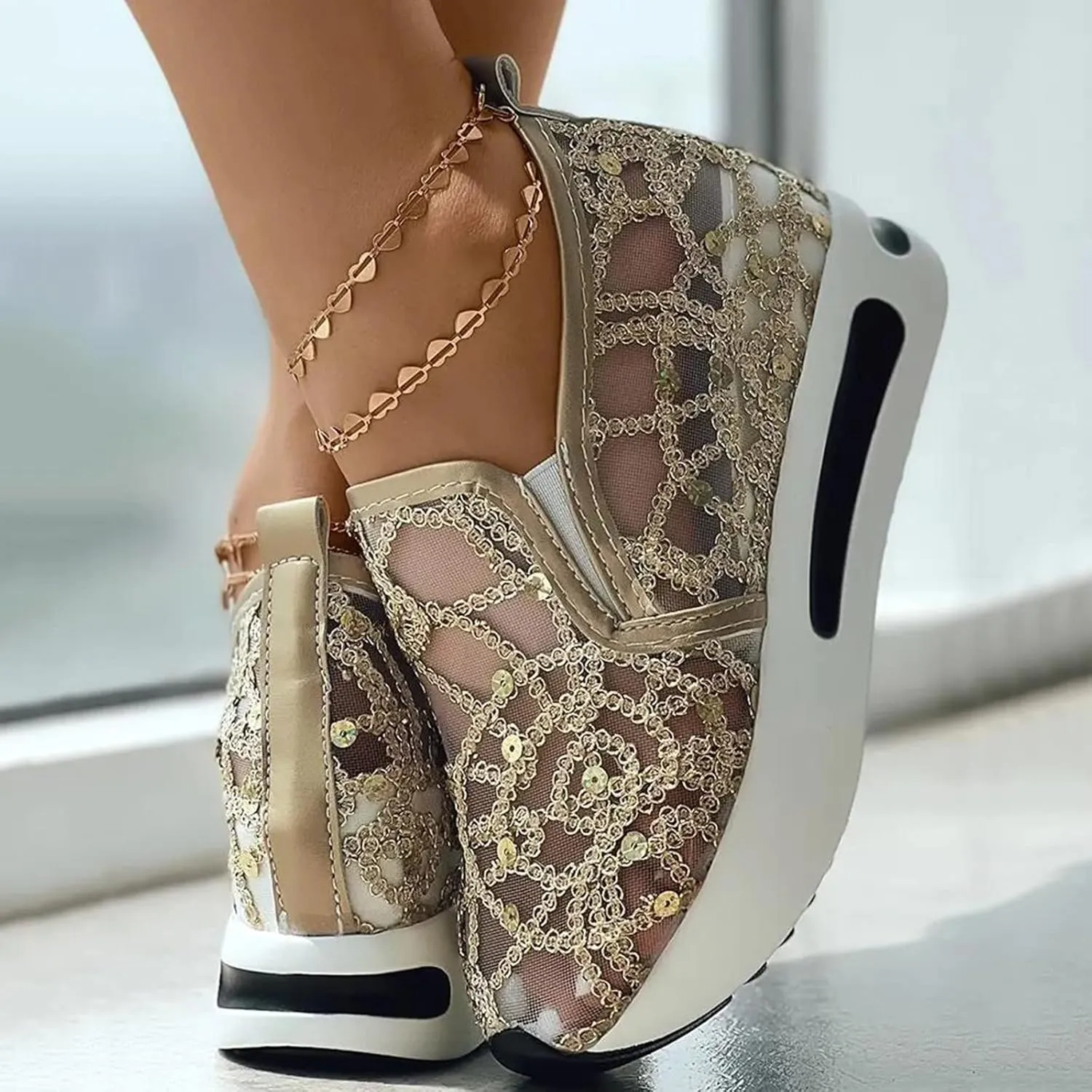 Hbeylia Platform Wedge Sneakers for Women Fashion Embroidery Floral Mesh Air Comfort Chunky Sole Hidden High Heels Slip On Loafers Breathable Walking Work Shoes with Arch Support