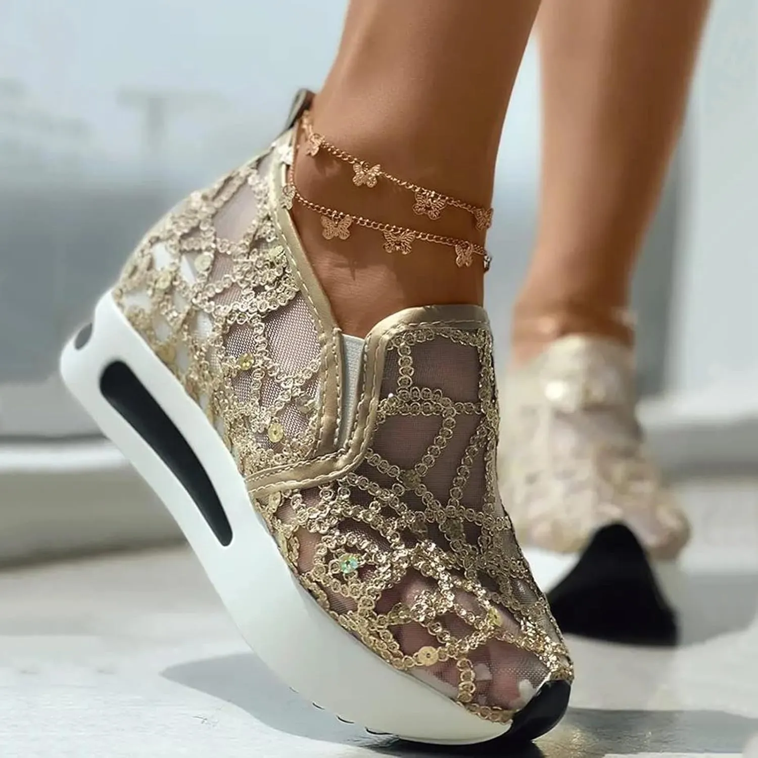 Hbeylia Platform Wedge Sneakers for Women Fashion Embroidery Floral Mesh Air Comfort Chunky Sole Hidden High Heels Slip On Loafers Breathable Walking Work Shoes with Arch Support