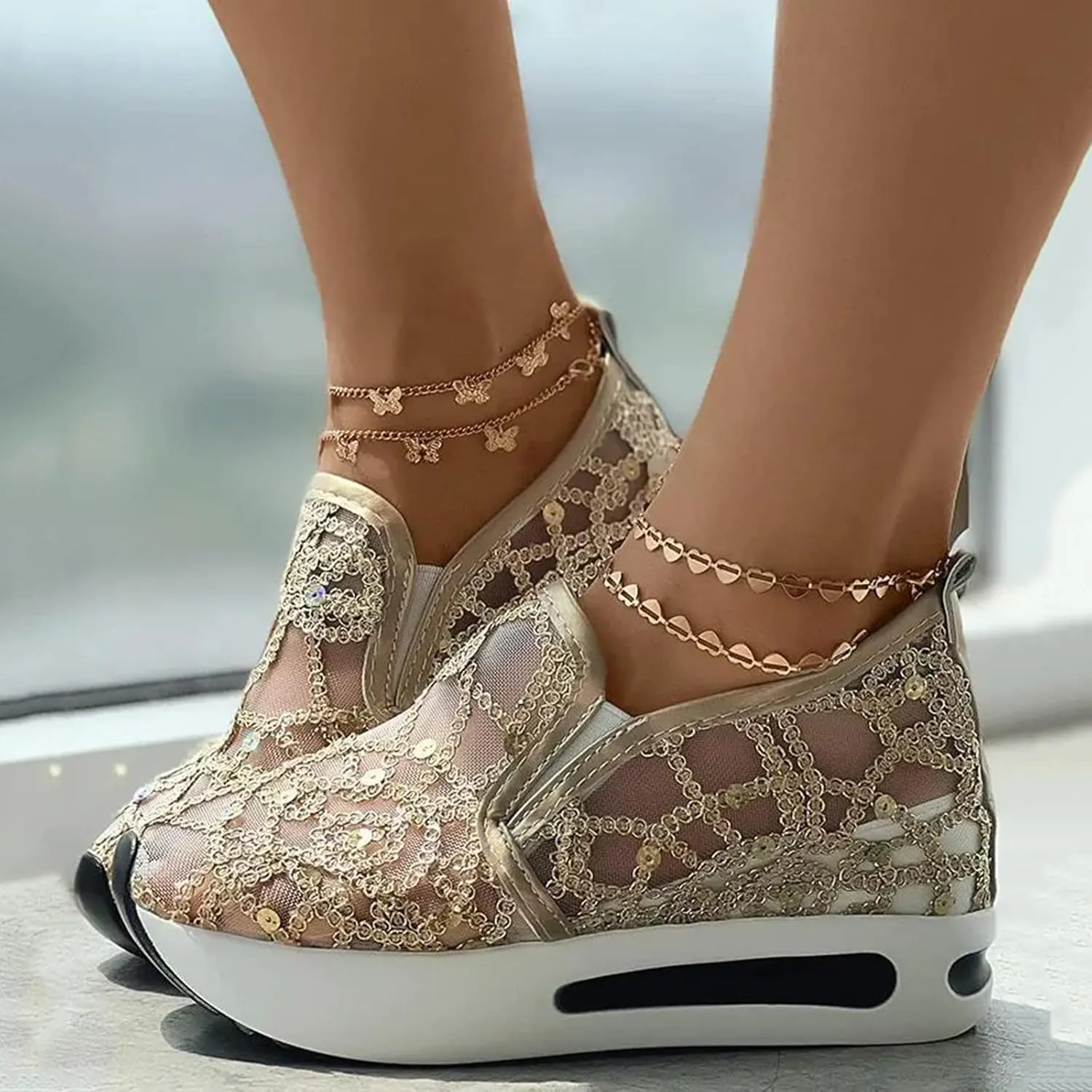 Hbeylia Platform Wedge Sneakers for Women Fashion Embroidery Floral Mesh Air Comfort Chunky Sole Hidden High Heels Slip On Loafers Breathable Walking Work Shoes with Arch Support