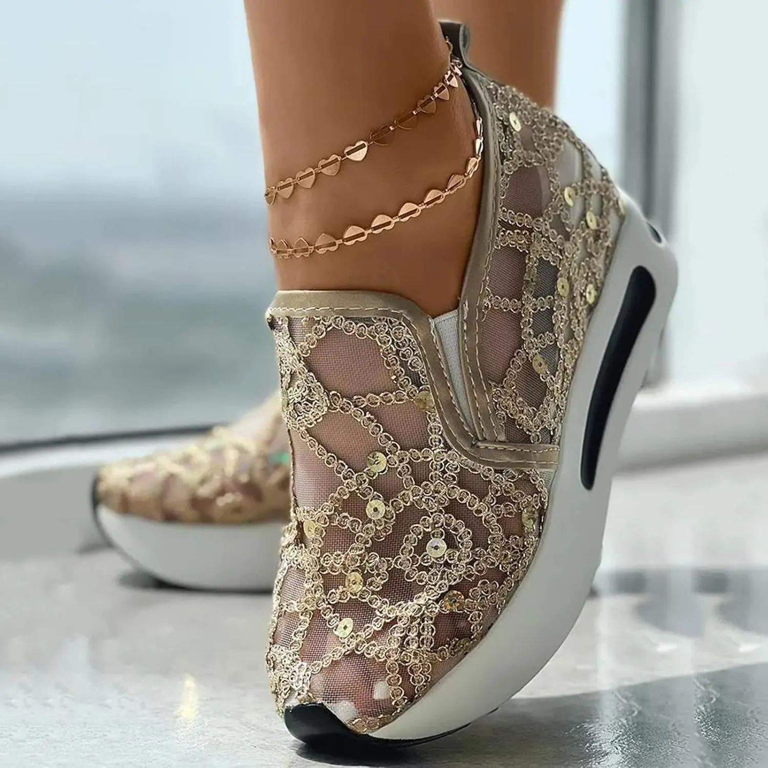 Hbeylia Platform Wedge Sneakers for Women Fashion Embroidery Floral Mesh Air Comfort Chunky Sole Hidden High Heels Slip On Loafers Breathable Walking Work Shoes with Arch Support