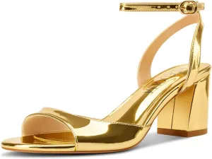 HDEUOLM Womens Chunky Block Mid Heel Open Round Toe Sandals Ankle Strap Buckle Casual Basic Classic Patent Leather Summer 2.6 Inches Heels