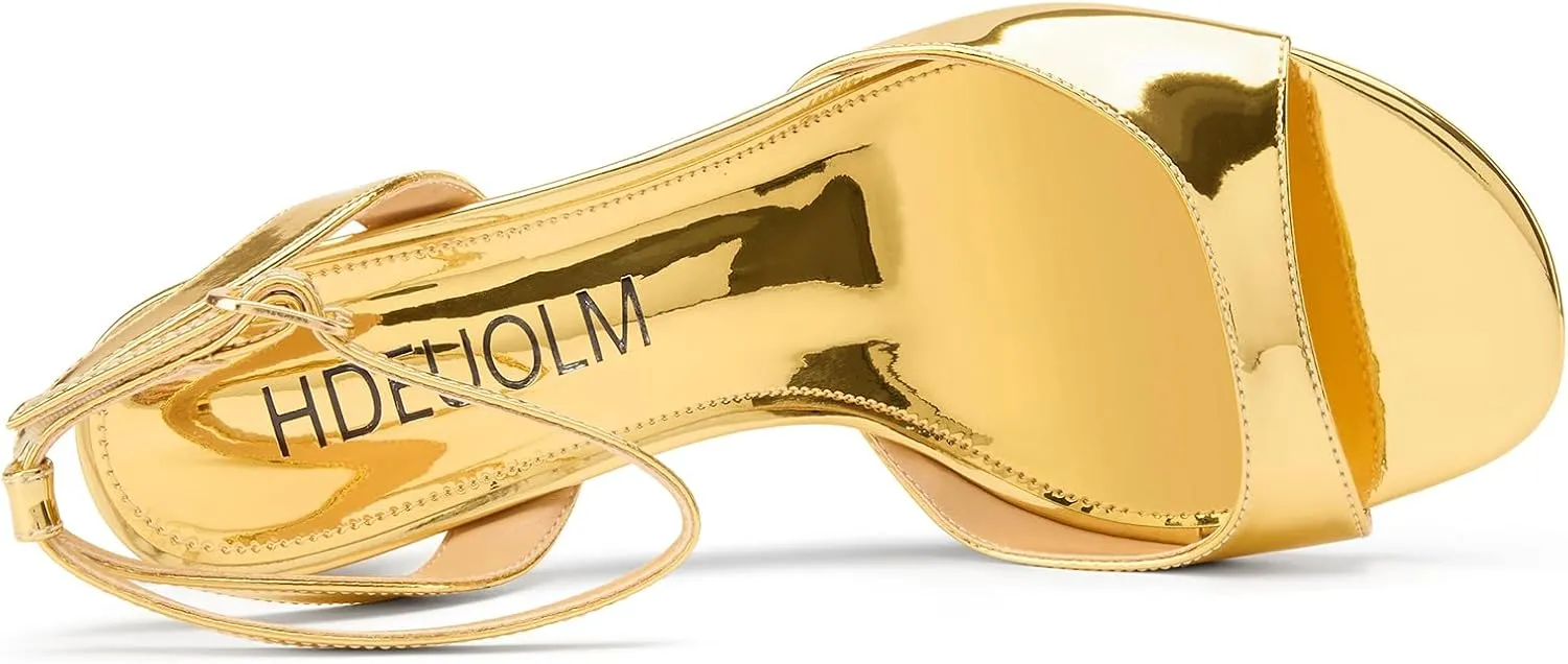 HDEUOLM Womens Chunky Block Mid Heel Open Round Toe Sandals Ankle Strap Buckle Casual Basic Classic Patent Leather Summer 2.6 Inches Heels