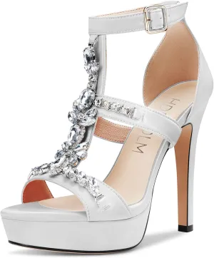 HDEUOLM Womens Stiletto High Heel Platform Diamond Crystal Sandals Roman Sexy Clear Wedding 5.1 Inches Heels Shoes