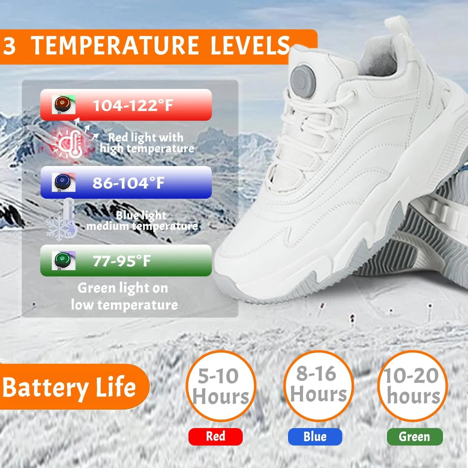 Heated Sneakers - Foot Warmer for Men & Women, Electric Heating Shoes with 4000mAh Battery, Anti-Slip Snow Trail Shoes 3 Heating Levels, Rechargeable Hiking Shoes Winter Outdoor Unisex