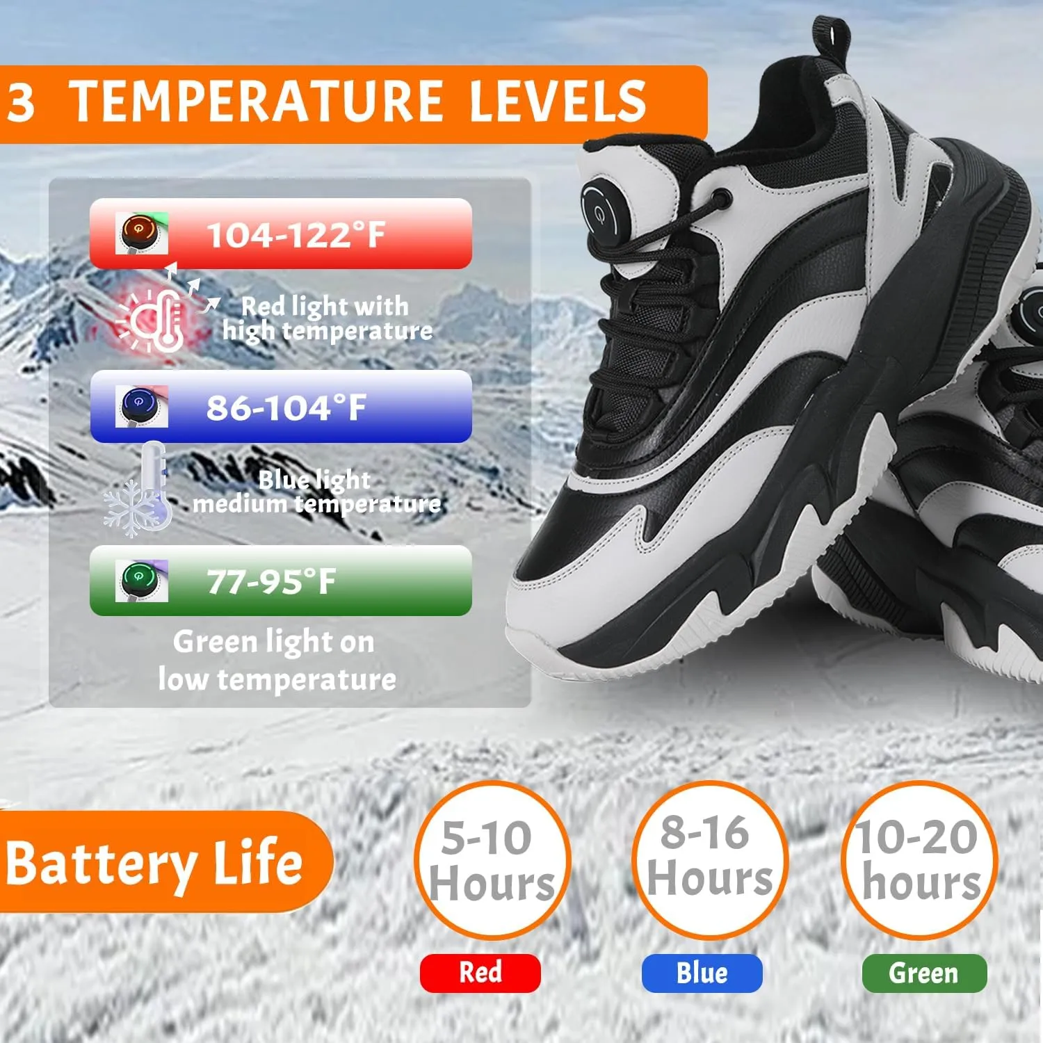 Heated Sneakers - Foot Warmer for Men & Women, Electric Heating Shoes with 4000mAh Battery, Anti-Slip Snow Trail Shoes 3 Heating Levels, Rechargeable Hiking Shoes Winter Outdoor Unisex