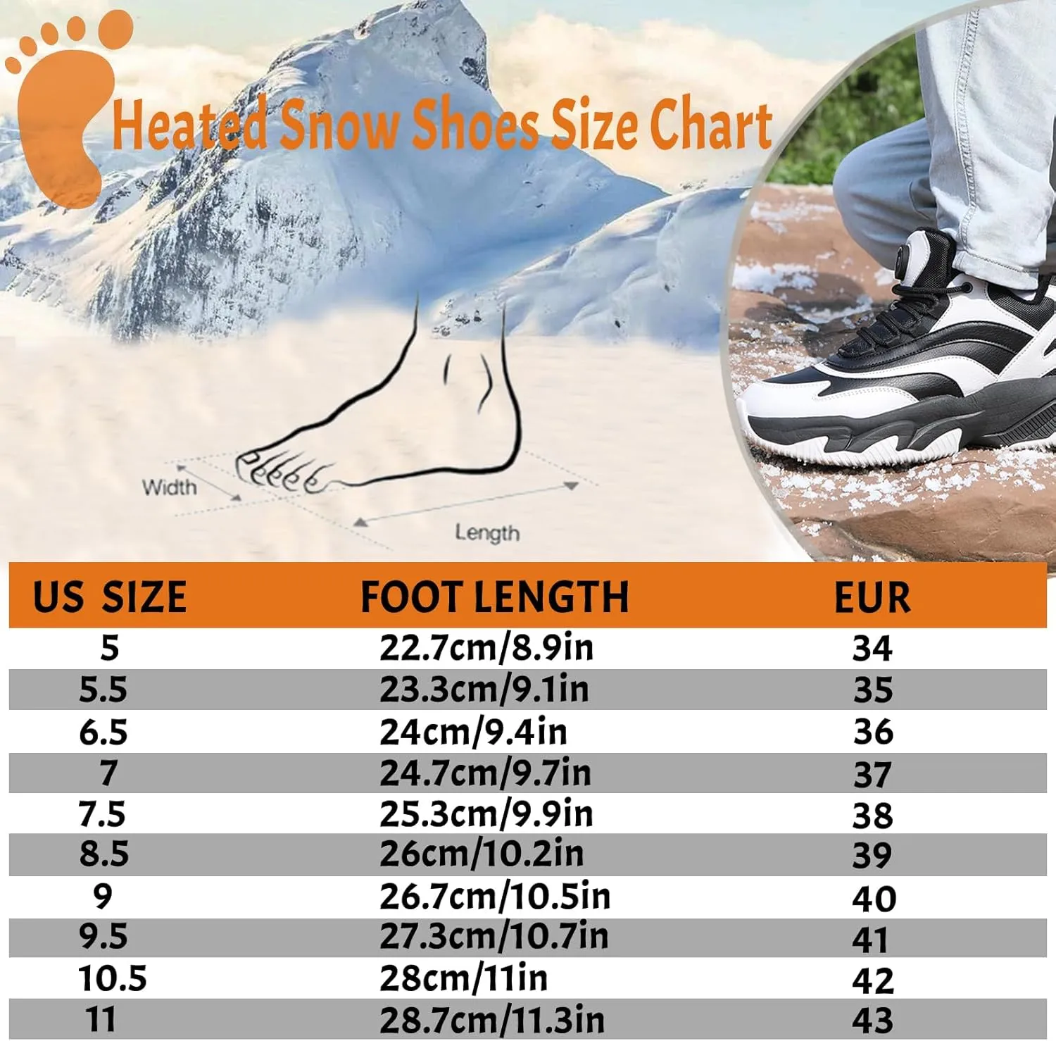 Heated Sneakers - Foot Warmer for Men & Women, Electric Heating Shoes with 4000mAh Battery, Anti-Slip Snow Trail Shoes 3 Heating Levels, Rechargeable Hiking Shoes Winter Outdoor Unisex
