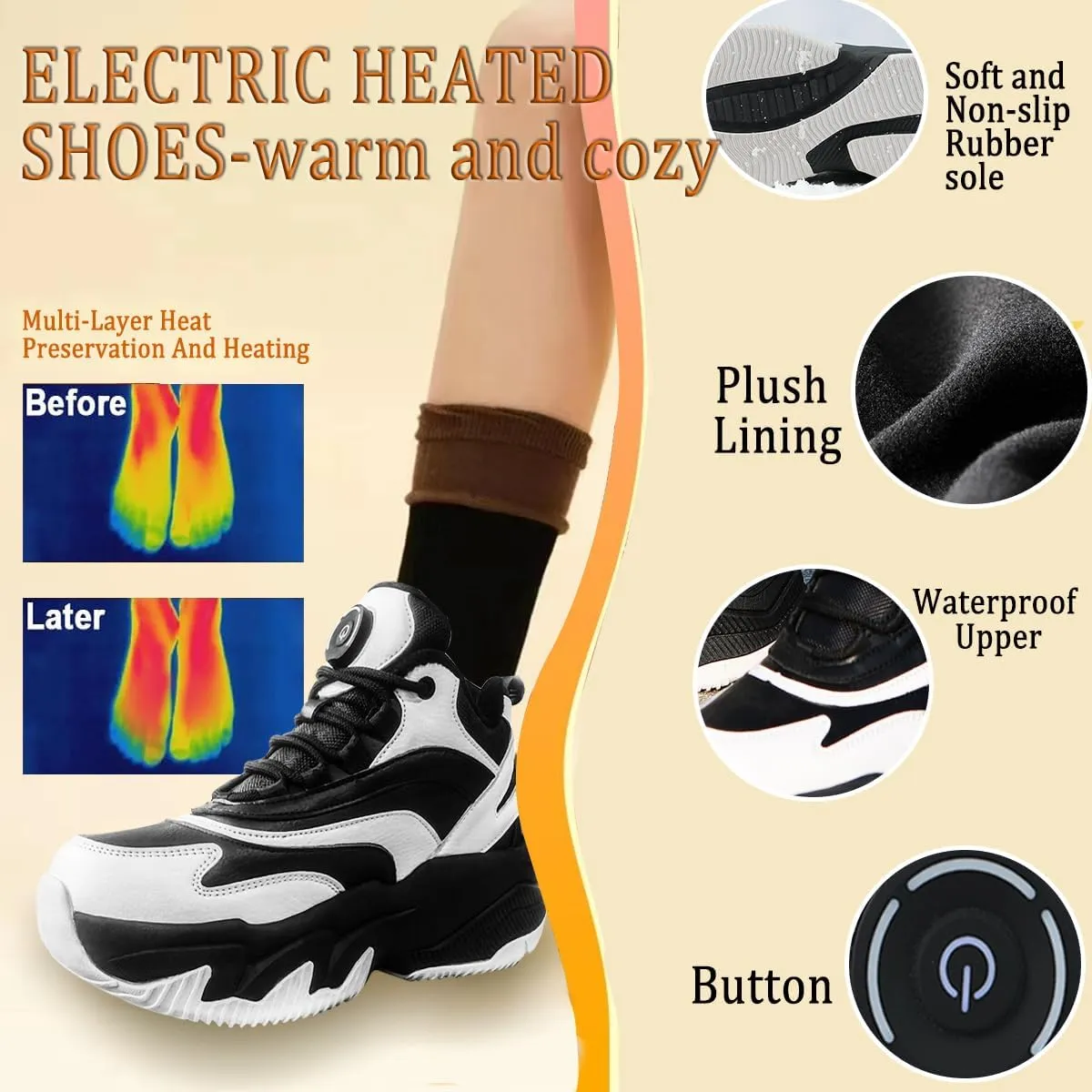 Heated Sneakers - Foot Warmer for Men & Women, Electric Heating Shoes with 4000mAh Battery, Anti-Slip Snow Trail Shoes 3 Heating Levels, Rechargeable Hiking Shoes Winter Outdoor Unisex