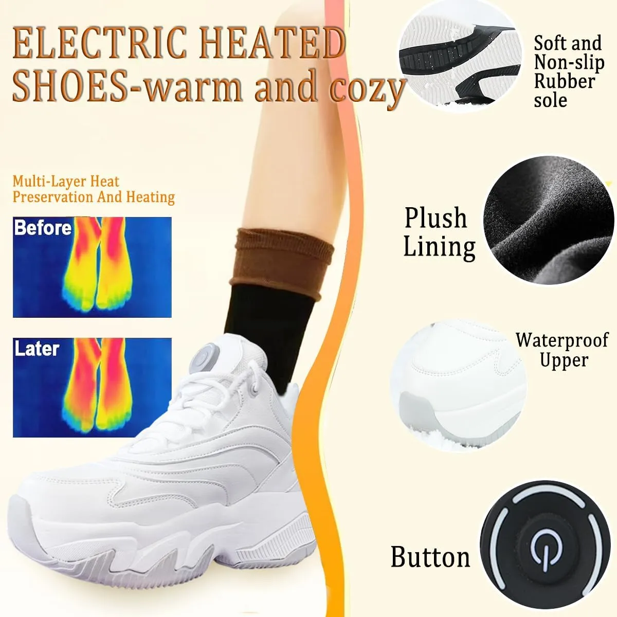 Heated Sneakers - Foot Warmer for Men & Women, Electric Heating Shoes with 4000mAh Battery, Anti-Slip Snow Trail Shoes 3 Heating Levels, Rechargeable Hiking Shoes Winter Outdoor Unisex