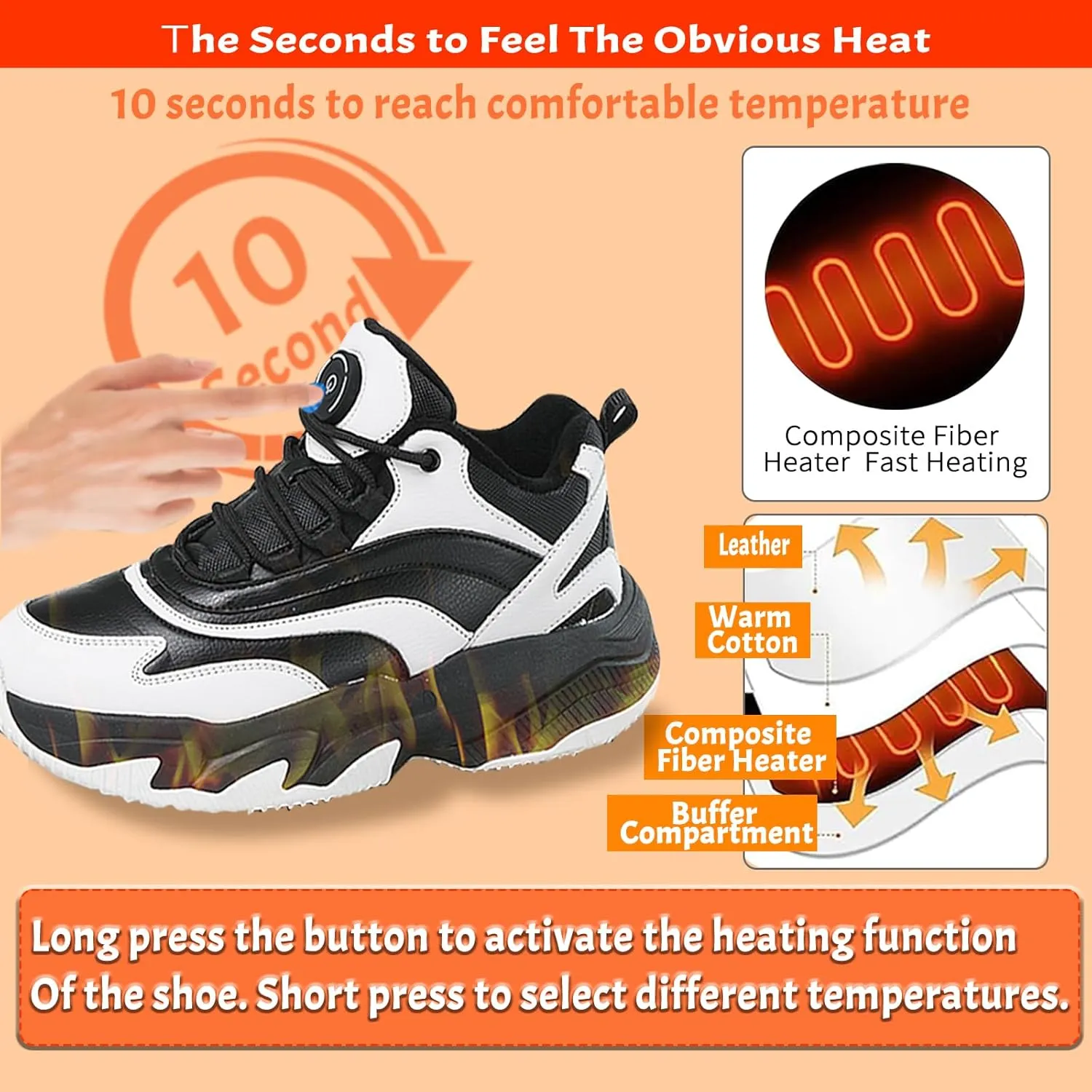 Heated Sneakers - Foot Warmer for Men & Women, Electric Heating Shoes with 4000mAh Battery, Anti-Slip Snow Trail Shoes 3 Heating Levels, Rechargeable Hiking Shoes Winter Outdoor Unisex