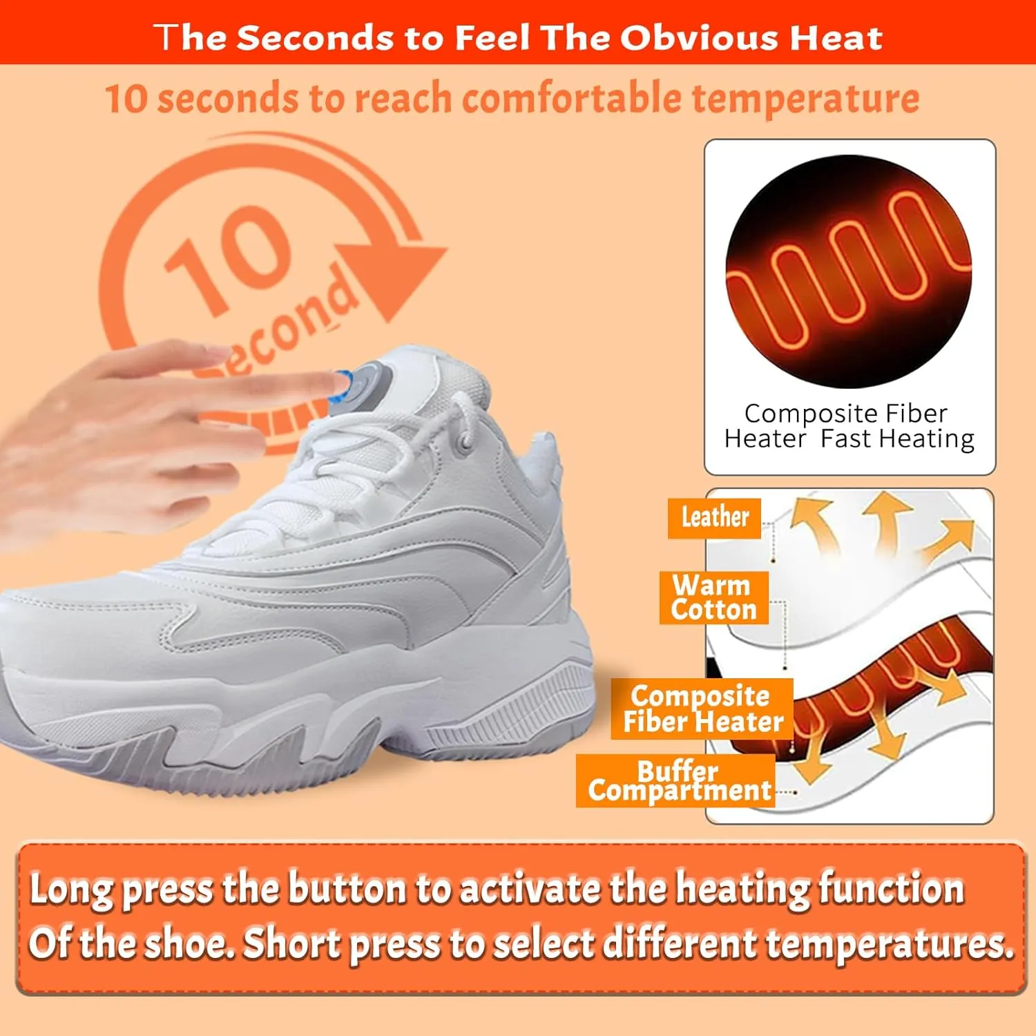 Heated Sneakers - Foot Warmer for Men & Women, Electric Heating Shoes with 4000mAh Battery, Anti-Slip Snow Trail Shoes 3 Heating Levels, Rechargeable Hiking Shoes Winter Outdoor Unisex