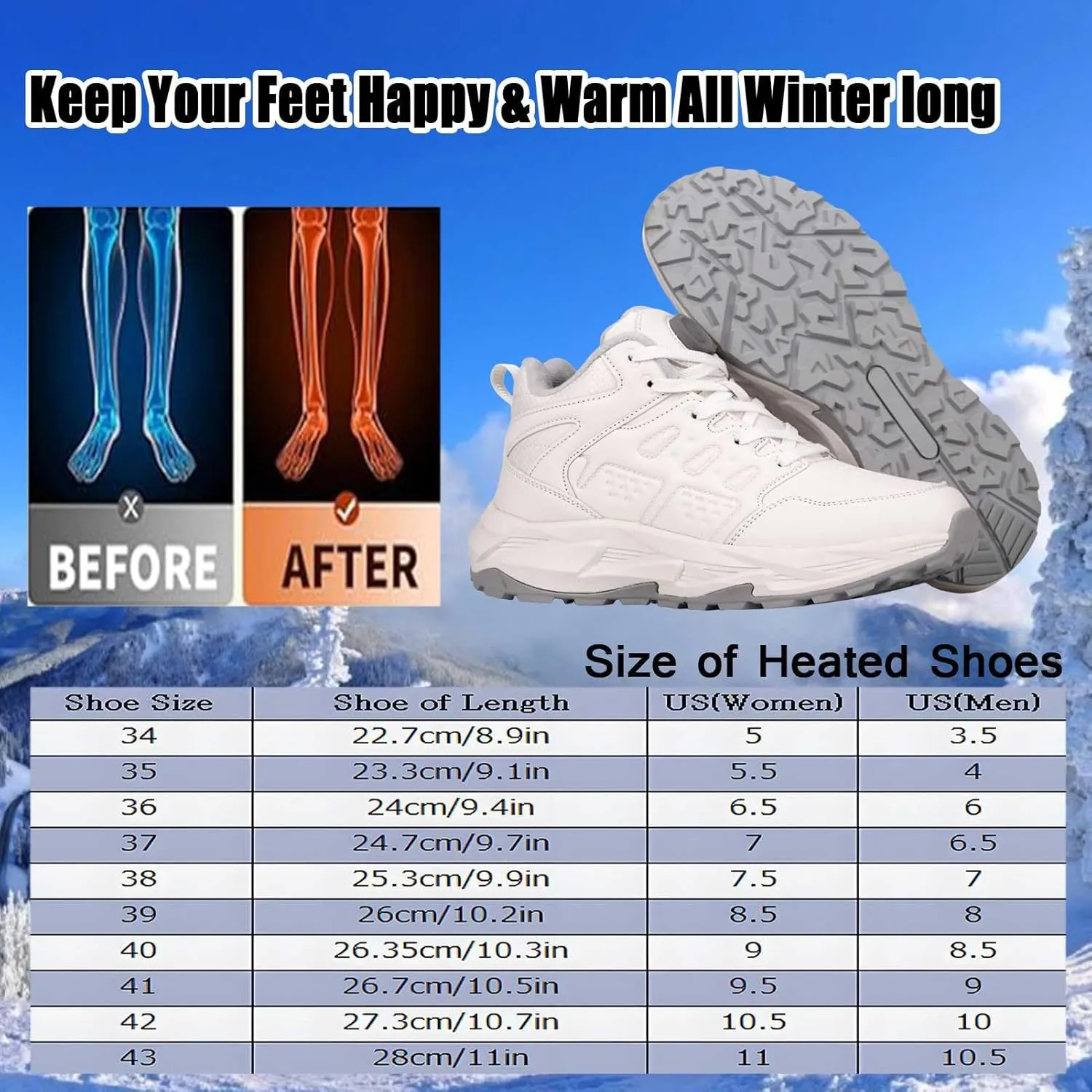 Heated Sneakers Thermal Running Shoes for Women Men, 3 Temperature Settings Walking Shoes Foot Warmer Shoes Non Slip Plush Breathable Winter Life Work Keep Feet Warm