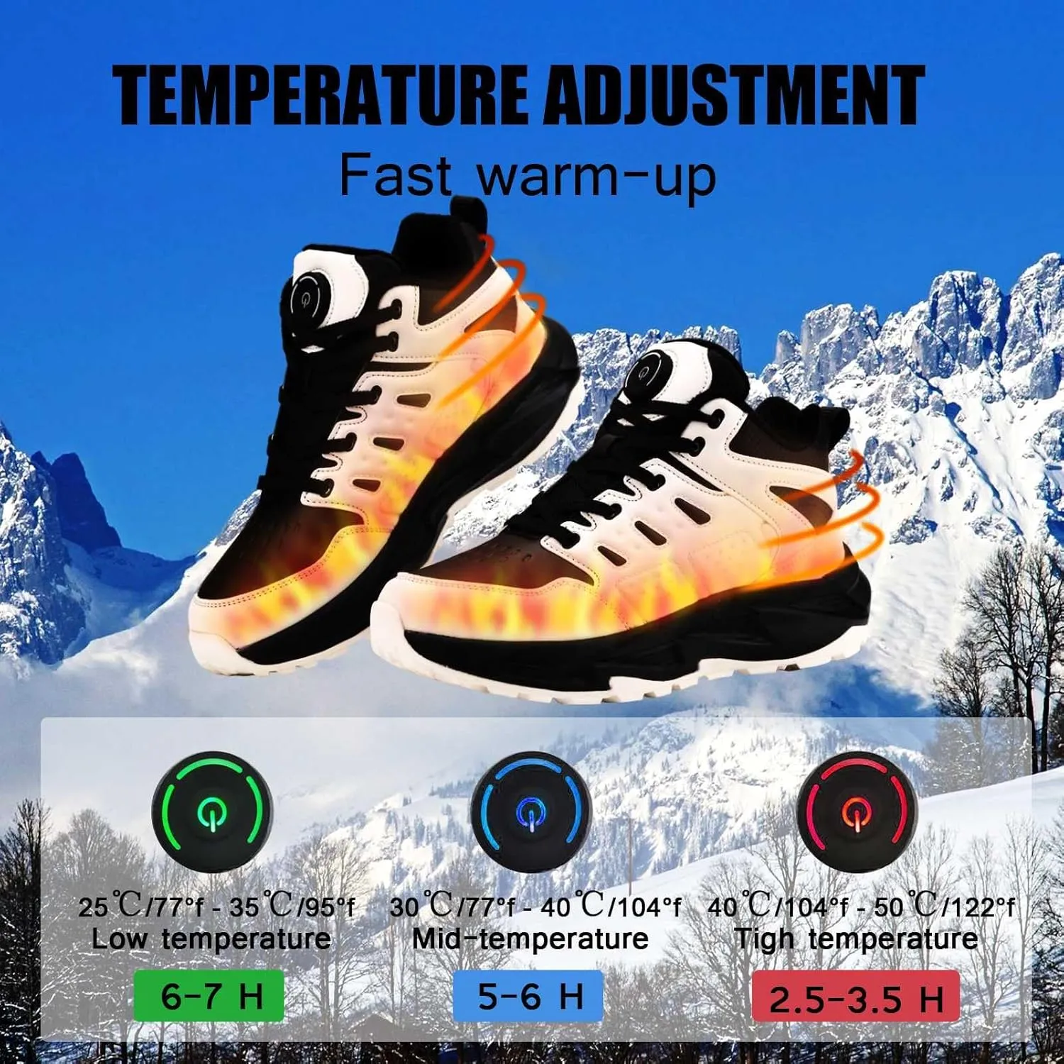 Heated Sneakers Thermal Running Shoes for Women Men, 3 Temperature Settings Walking Shoes Foot Warmer Shoes Non Slip Plush Breathable Winter Life Work Keep Feet Warm