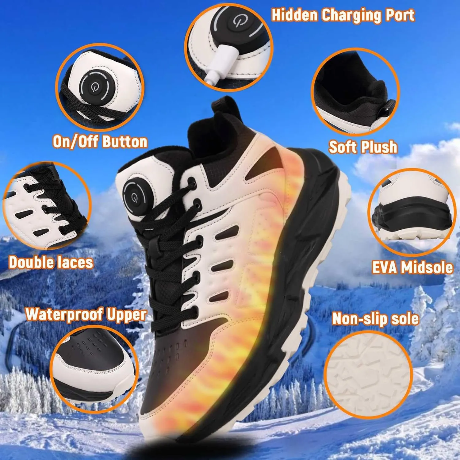 Heated Sneakers Thermal Running Shoes for Women Men, 3 Temperature Settings Walking Shoes Foot Warmer Shoes Non Slip Plush Breathable Winter Life Work Keep Feet Warm