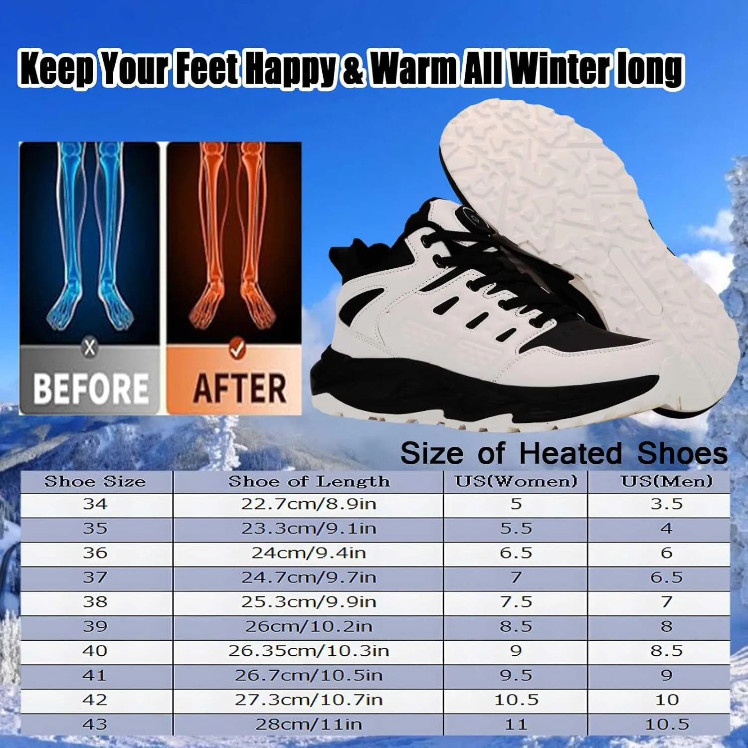 Heated Sneakers Thermal Running Shoes for Women Men, 3 Temperature Settings Walking Shoes Foot Warmer Shoes Non Slip Plush Breathable Winter Life Work Keep Feet Warm