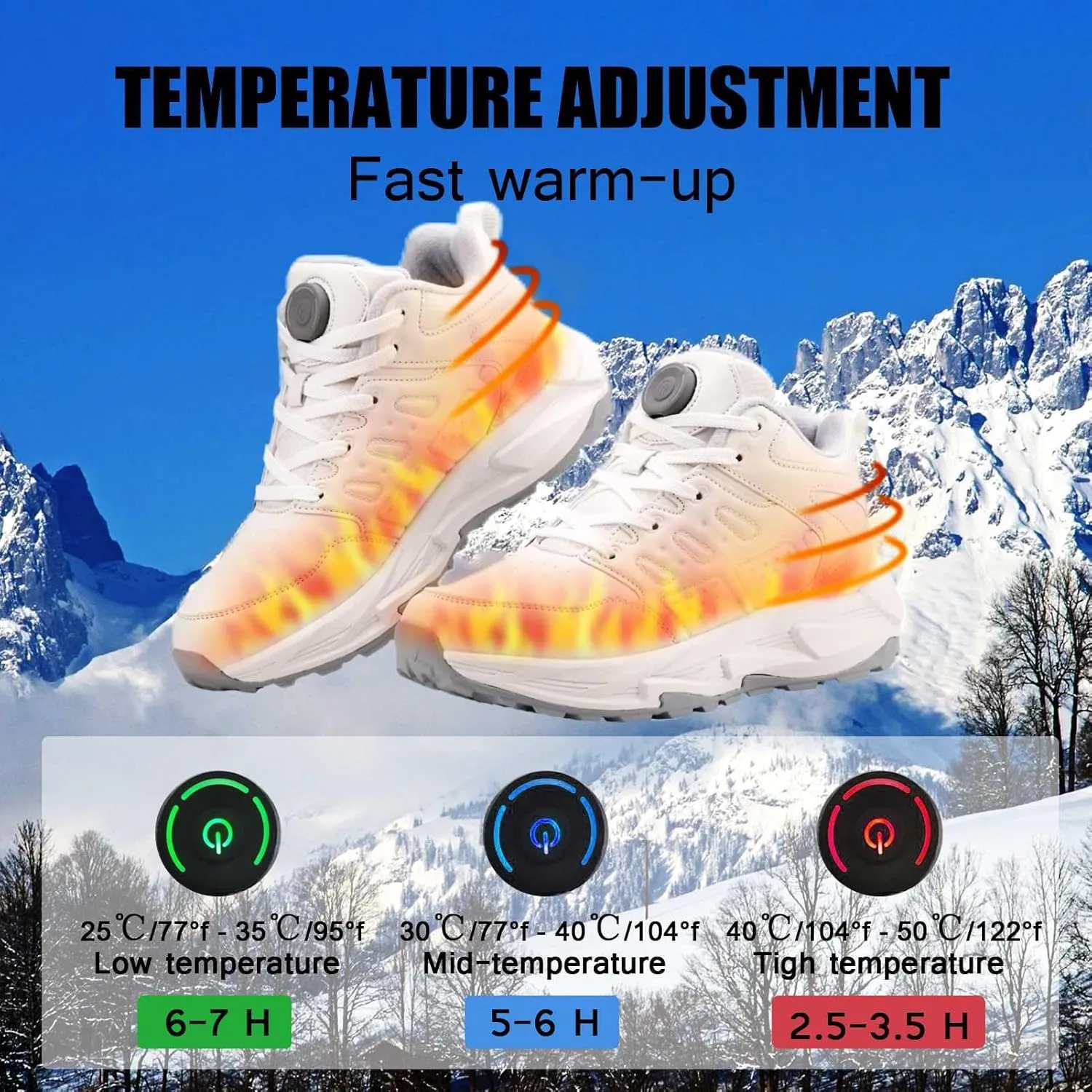 Heated Sneakers Thermal Running Shoes for Women Men, 3 Temperature Settings Walking Shoes Foot Warmer Shoes Non Slip Plush Breathable Winter Life Work Keep Feet Warm