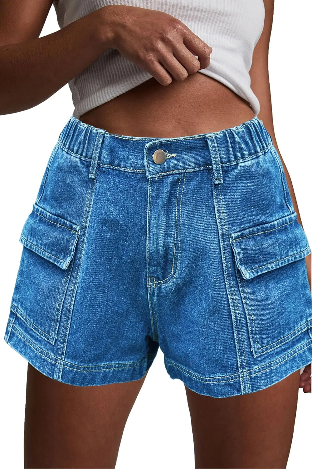 HVEPUO Womens High Waisted Cargo Jean Shorts Y2K Casual Summer Denim Shorts Elastic Waist Pull On Shorts with Pockets