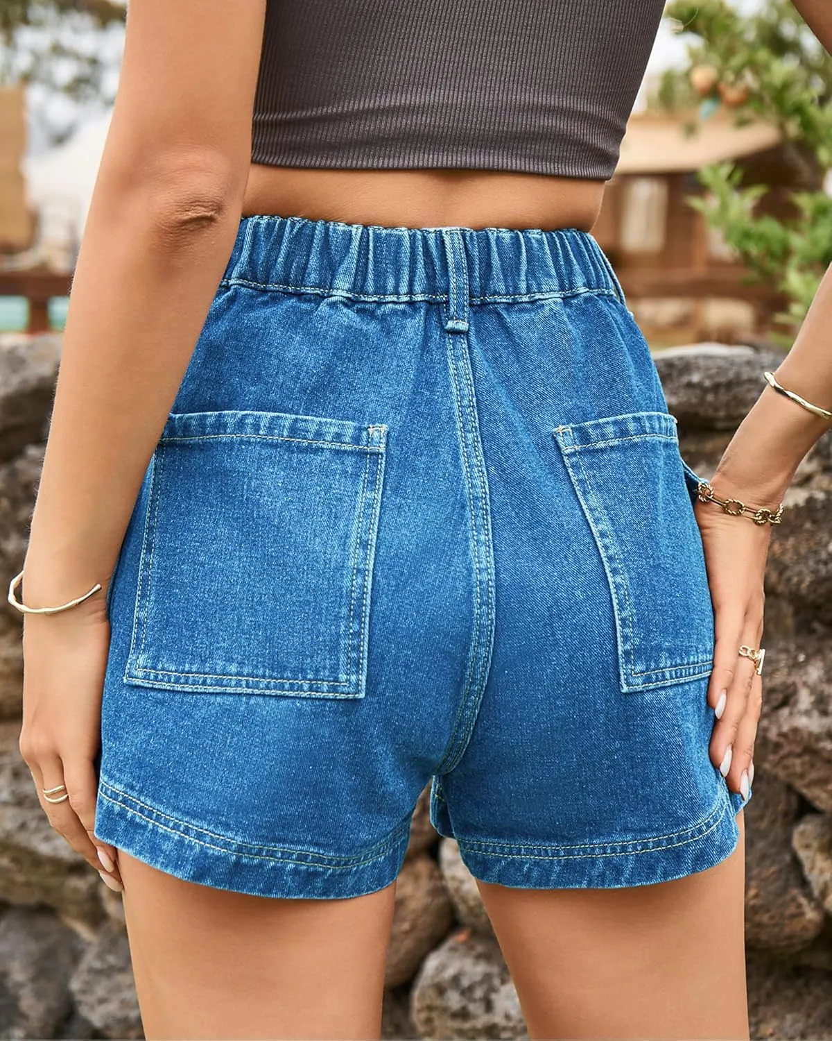 HVEPUO Womens High Waisted Cargo Jean Shorts Y2K Casual Summer Denim Shorts Elastic Waist Pull On Shorts with Pockets