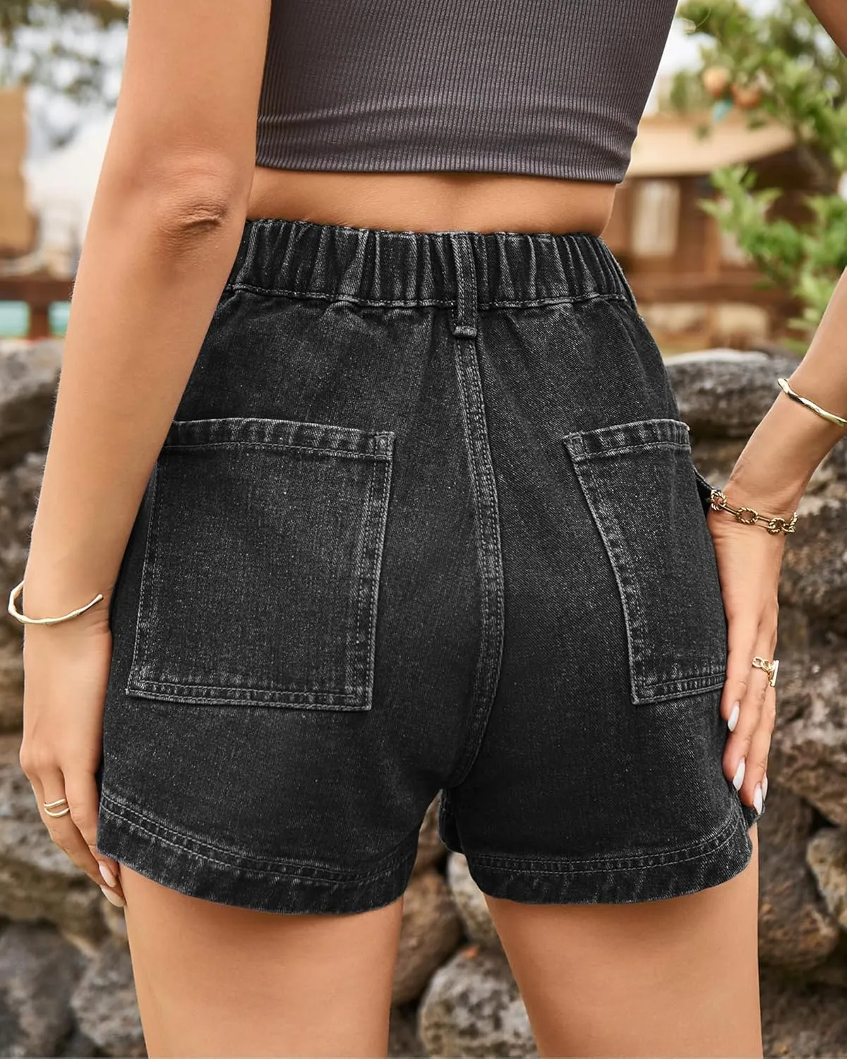 HVEPUO Womens High Waisted Cargo Jean Shorts Y2K Casual Summer Denim Shorts Elastic Waist Pull On Shorts with Pockets