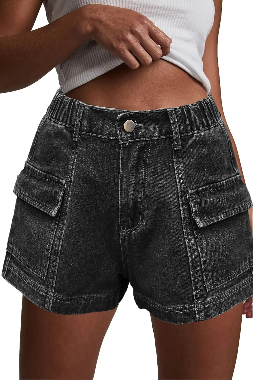 HVEPUO Womens High Waisted Cargo Jean Shorts Y2K Casual Summer Denim Shorts Elastic Waist Pull On Shorts with Pockets