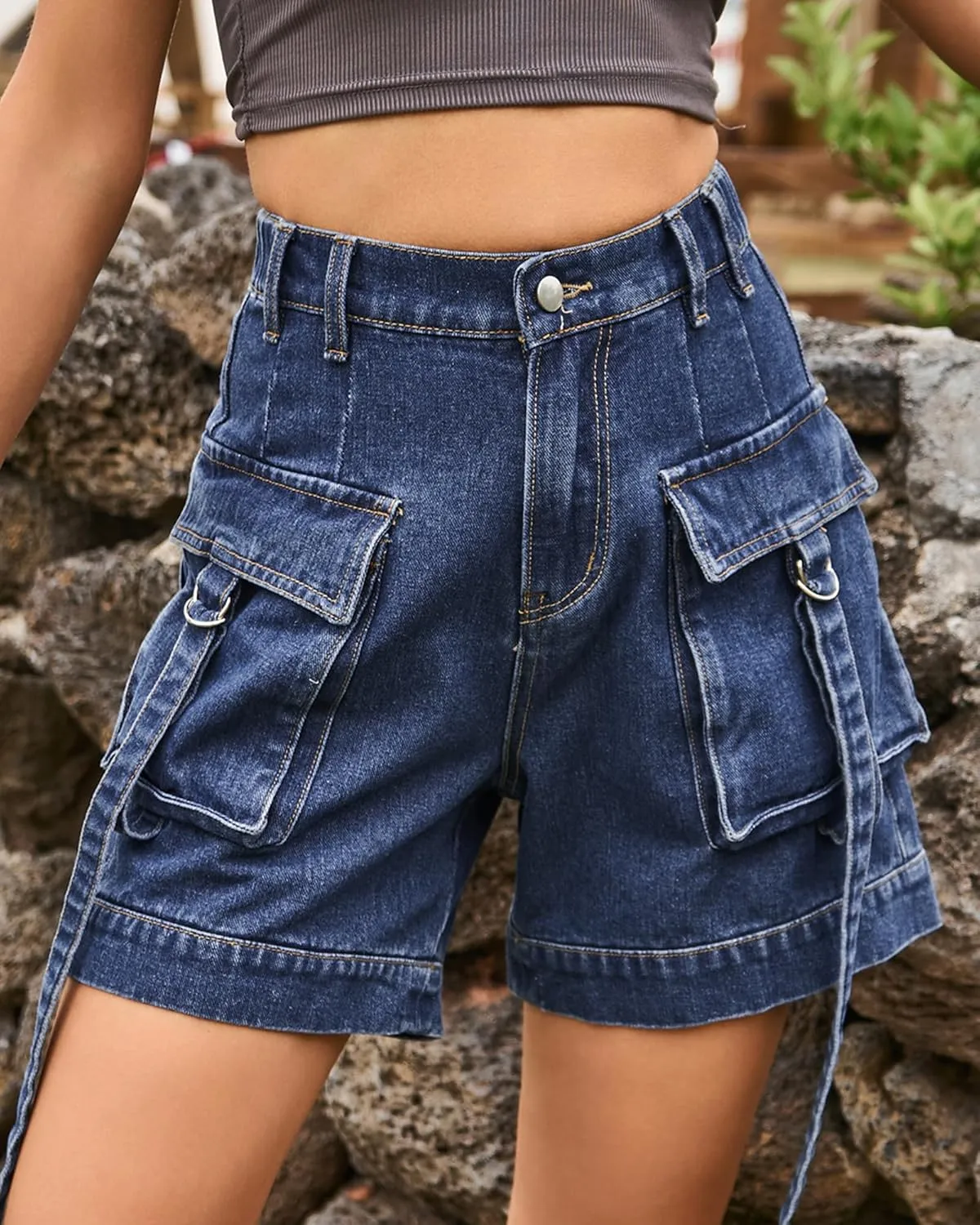 HVEPUO Womens High Waisted Cargo Jean Shorts Y2K Casual Summer Denim Shorts Elastic Waist Pull On Shorts with Pockets