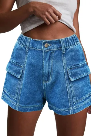 HVEPUO Womens High Waisted Cargo Jean Shorts Y2K Casual Summer Denim Shorts Elastic Waist Pull On Shorts with Pockets